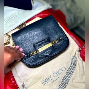 Authentic Calfskin Jimmy Choo Shadow Crossbody Chain Bag in Black